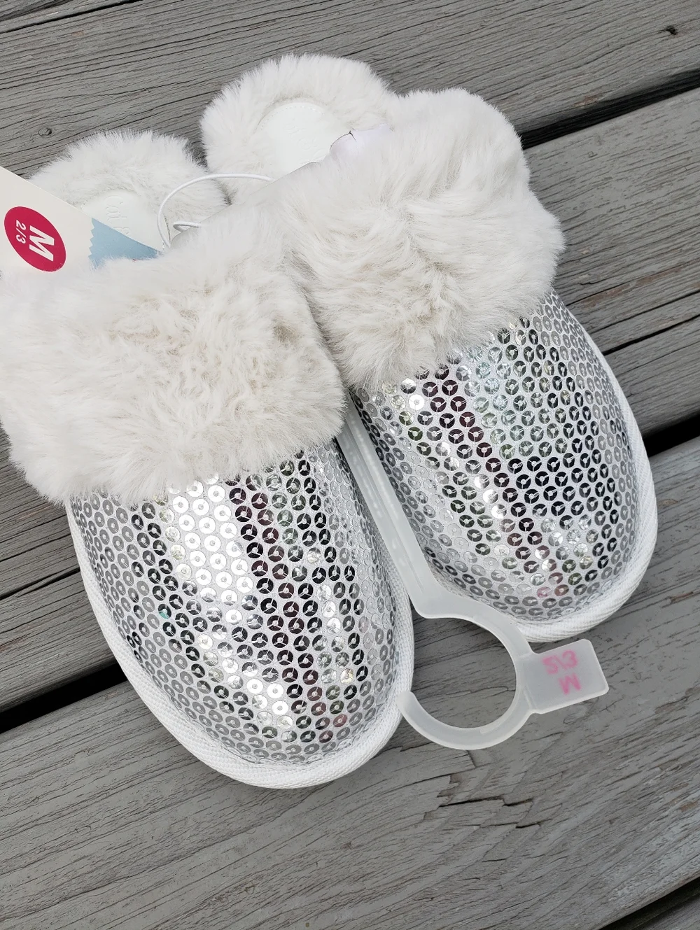 Cat & Jack Silver Sequins Faux Fur Slippers Size Medium (2 - 3)